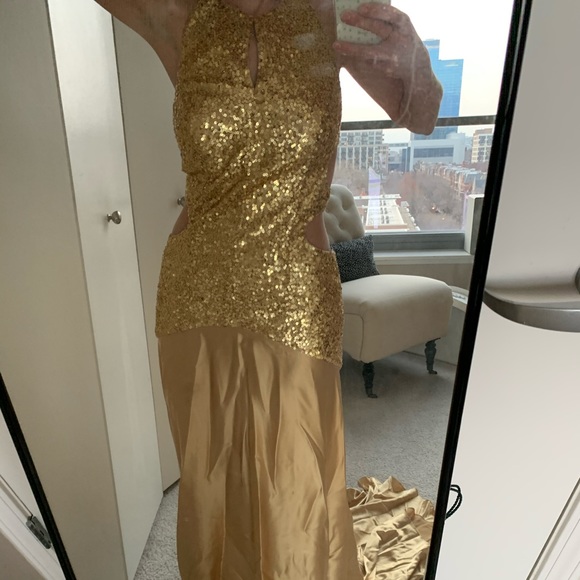Sherri Hill Gold Sequin Satin Prom Dress - Picture 1 of 6